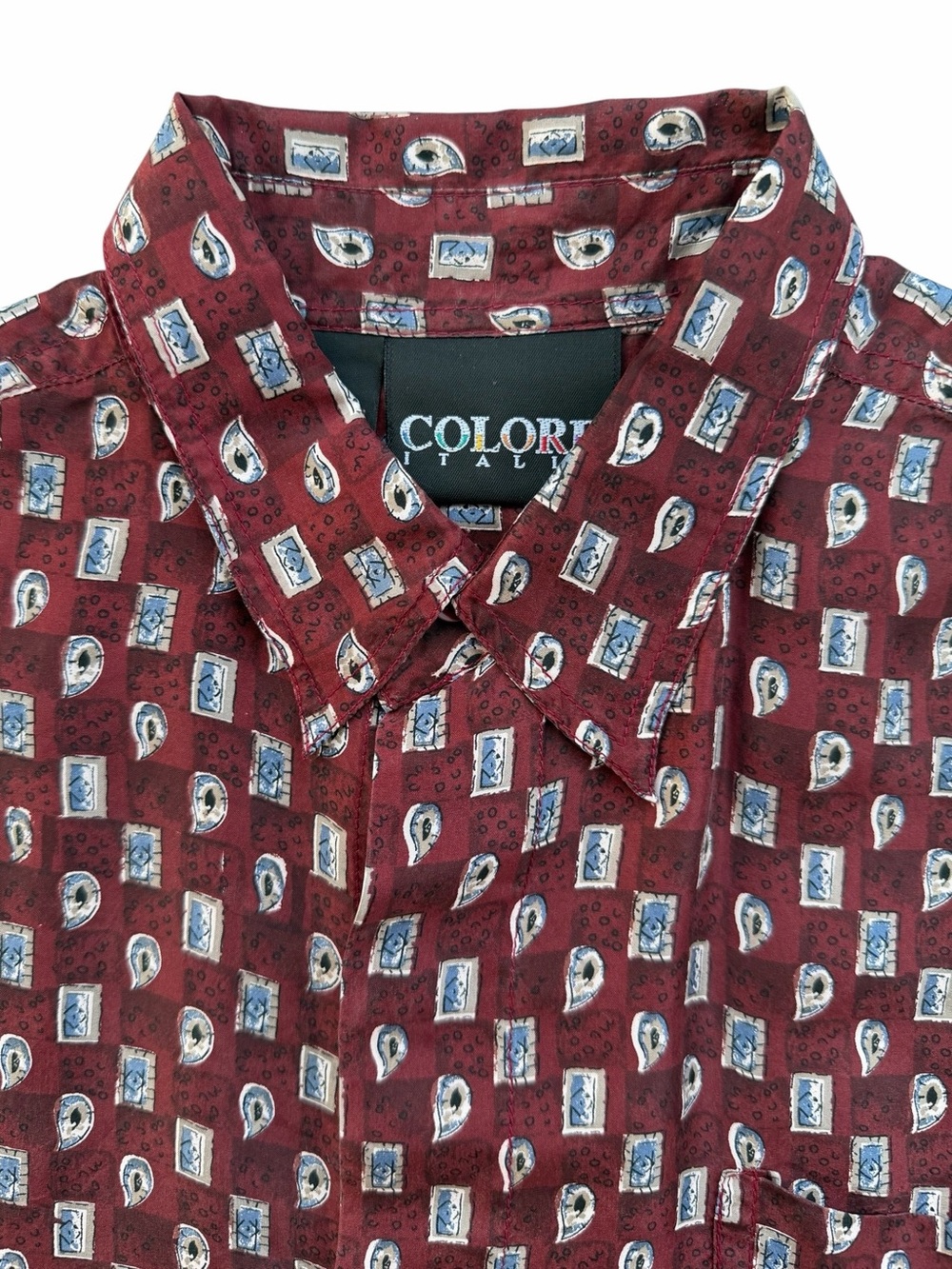 Colore Italia Silk Maroon Paisley Print Short Sleeve Button Front Shirt, M